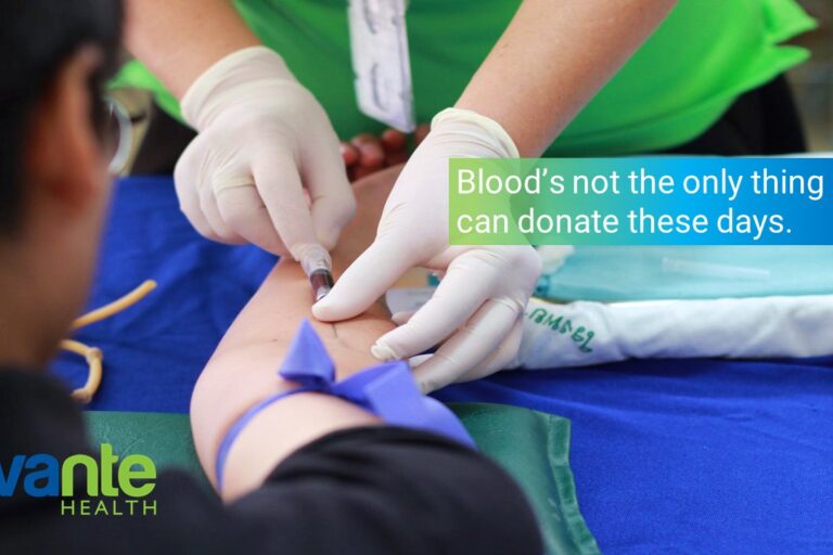 gloved hands drawing blood with needle from donor's arm